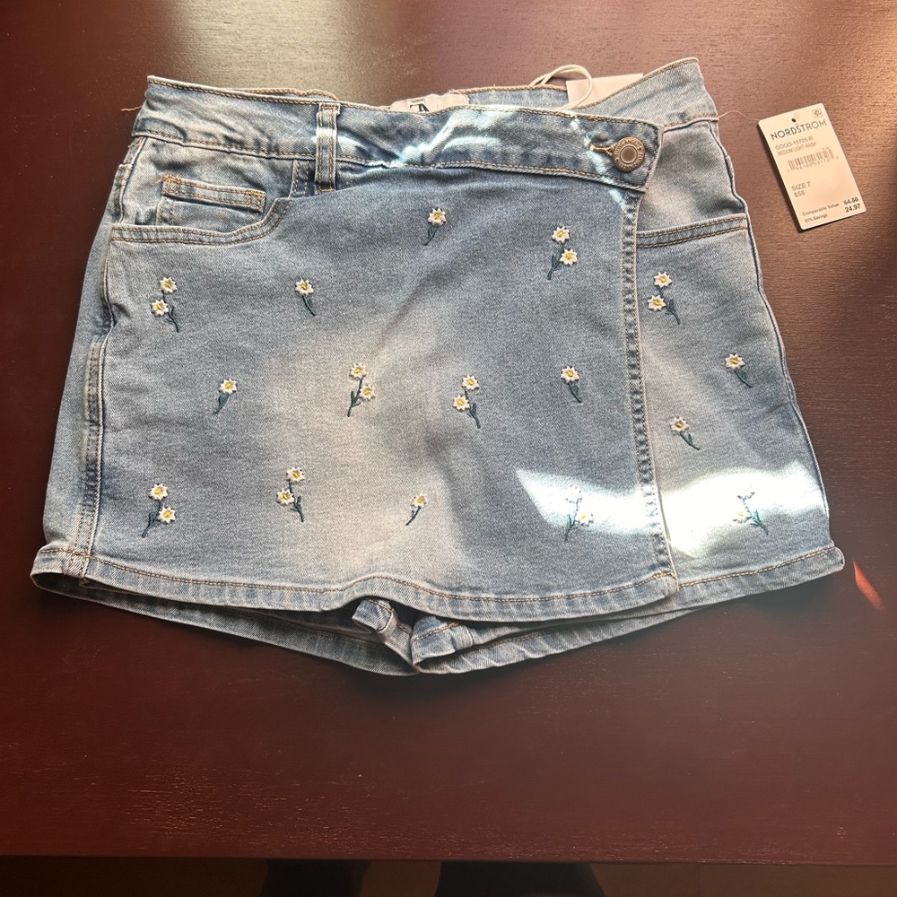 Women's Light Blue Denim Skort with Floral Details